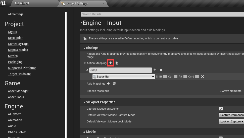 Unreal Engine Project Settings window with Jump Action