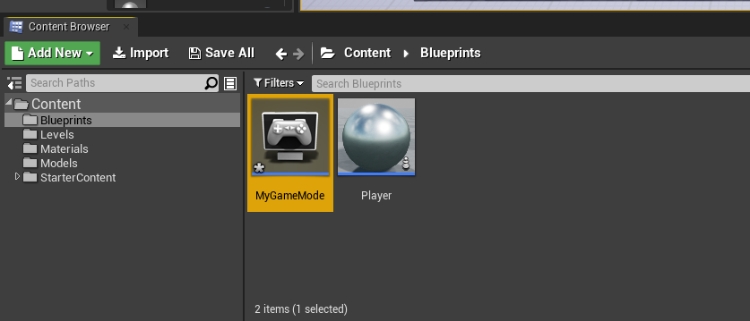 MyGameMode Blueprint added to Unreal Engine project