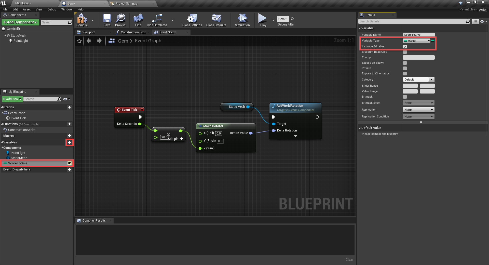 Unreal Engine Event Graph for gem object