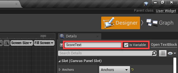 ScoreText assigned to detail for UI text in Unreal Engine