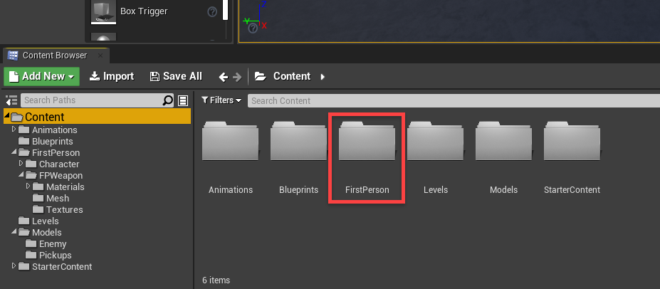 Unreal Engine with FirstPerson folder added to Content Browser
