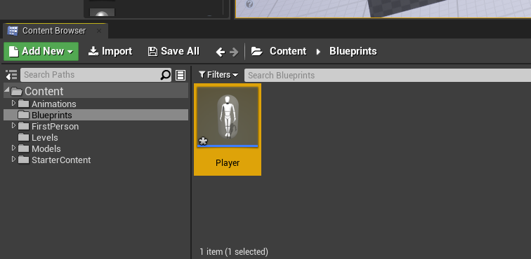 Unreal Engine with Player blueprint added to content