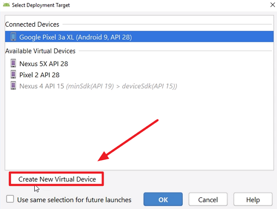 Select Deployment Target window in Android Studio
