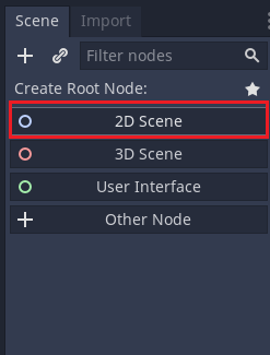 Godot Root Node 2D Scene selected