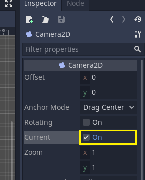 Godot Inspector with Current ticked to On for Camera2D