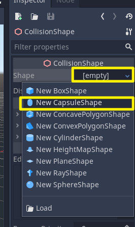 Godot Inspector with CollisionShape options