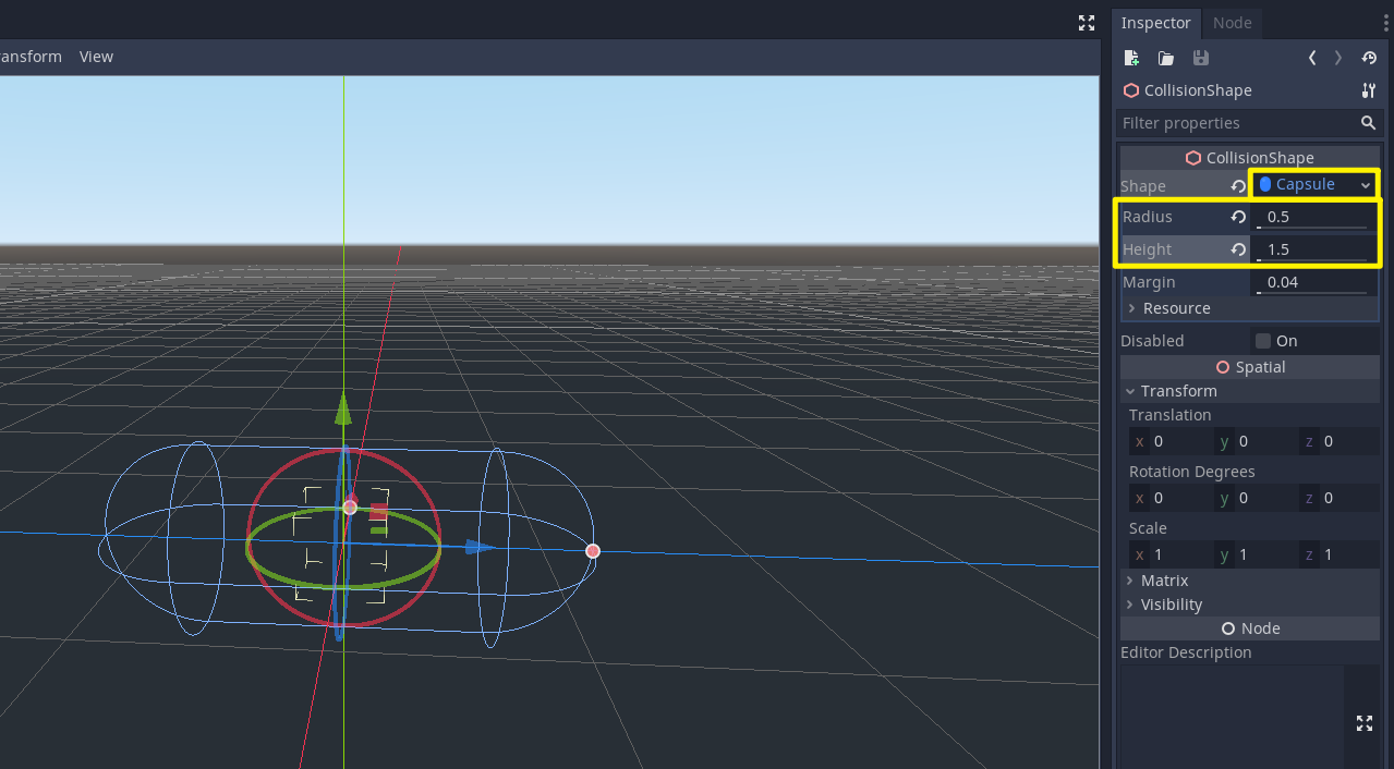 Godot with Capsule CollisionShape added