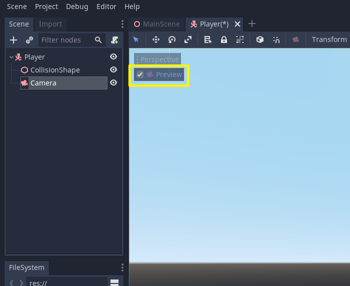 Preview button in Godot for the camera