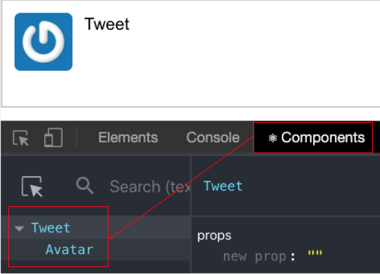 Tweet test with React Dev Tools showing Components