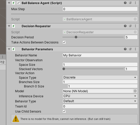 Behaviour parameters component in Unity ML Agents