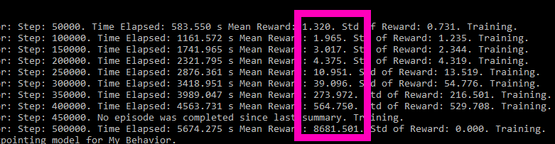 Command line view of ML Agents rewards
