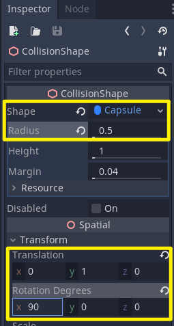 Player with CollisionShape options in Inspector