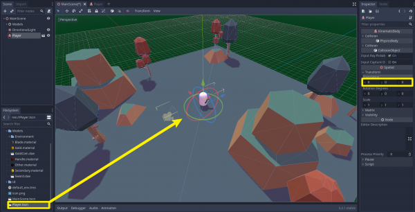 Godot game project with Player scene added to game scene