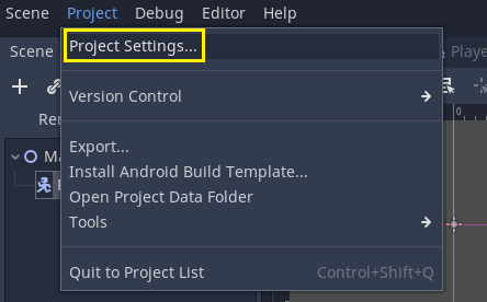 Project menu in Godot with Project Settings selected