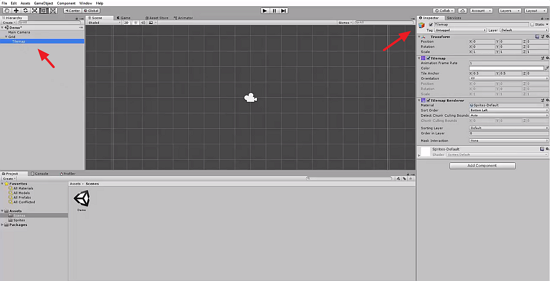 Unity scene with Hierarchy and Inspector highlighted