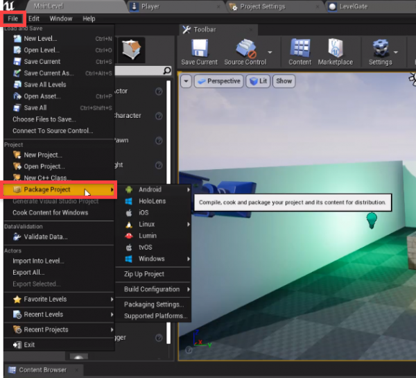 Unreal Engine File menu with Package Project selected