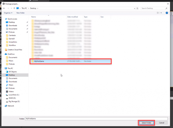 Windows file explorer with MyFirstGame Folder selected