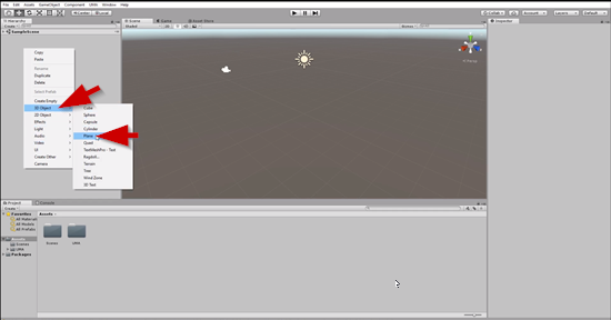 Unity menu with 3D Object Plane selected