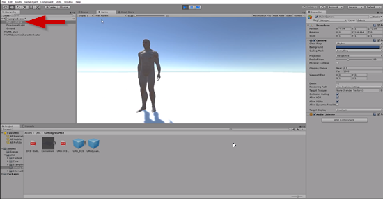 Unity Game Scene with camera adjusted to see character