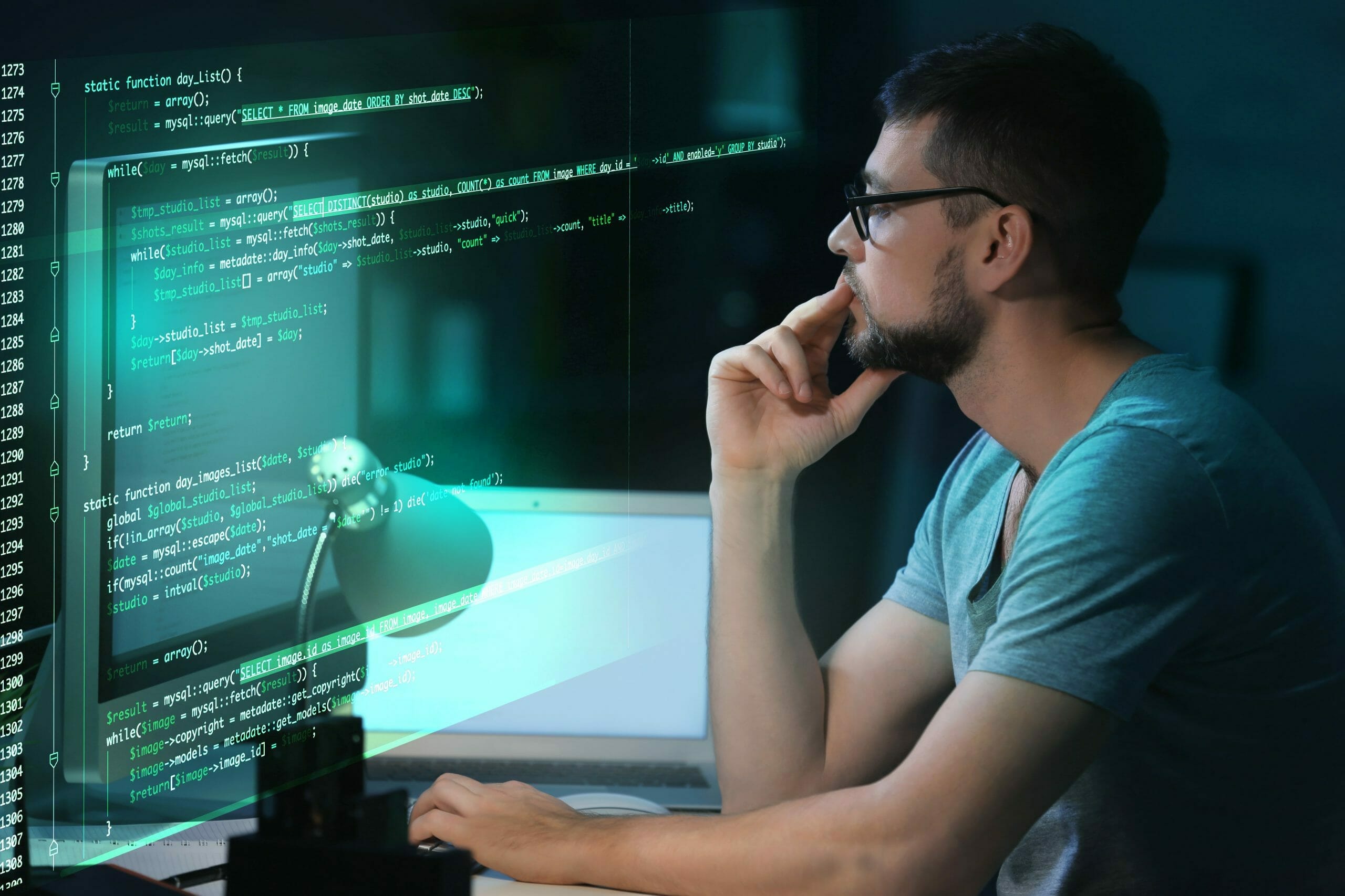 Programmer staring thoughtfully at screen