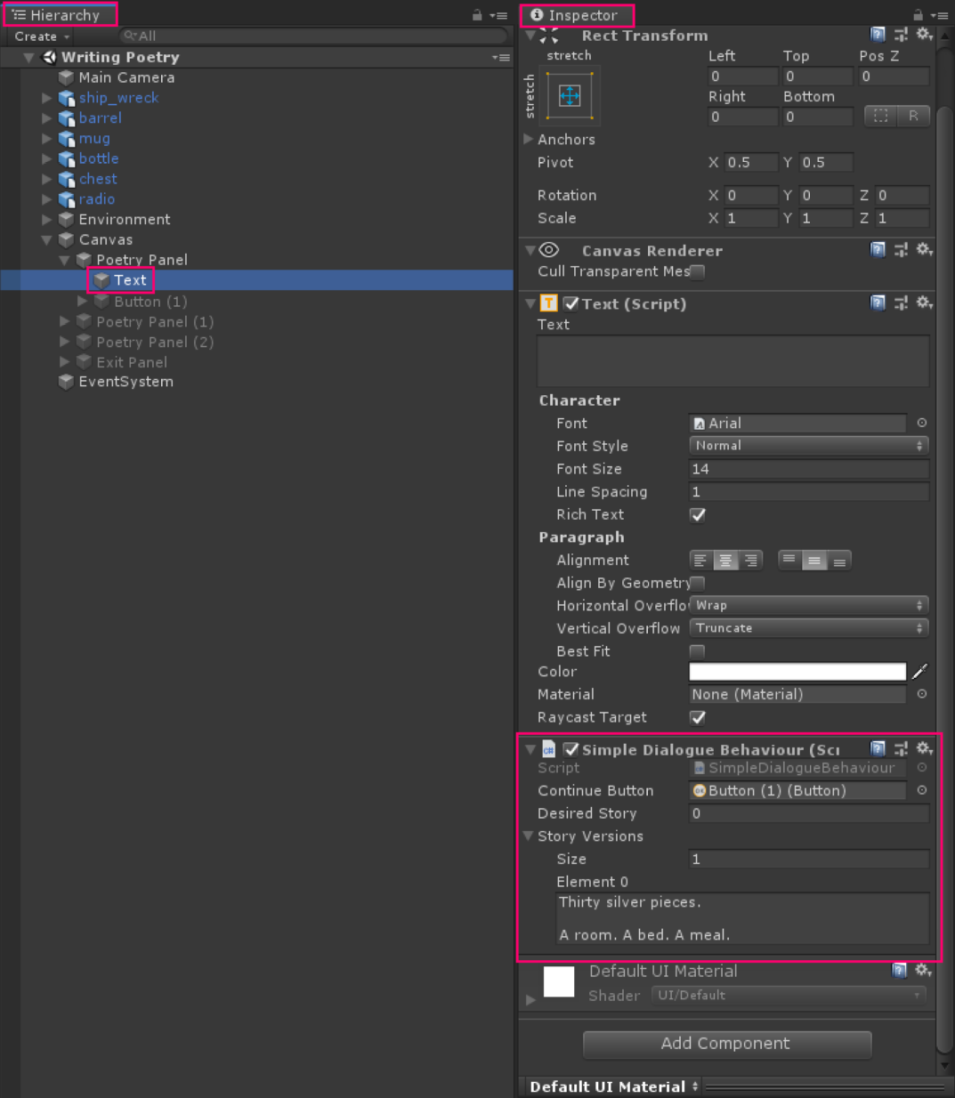 Location of text fields in unity hierarchy and demonstration of how to ad elements in inspector