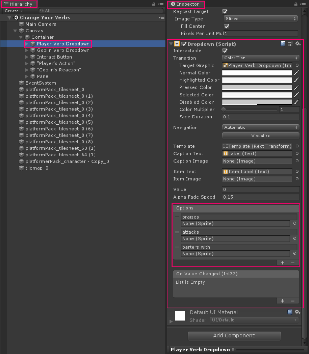 Location of dropdown UI elements in the unity hierarchy, and demonstration of how to ad elements in the inspector