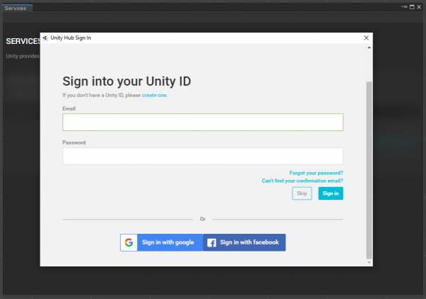 Unity Hub Sign In page to access services