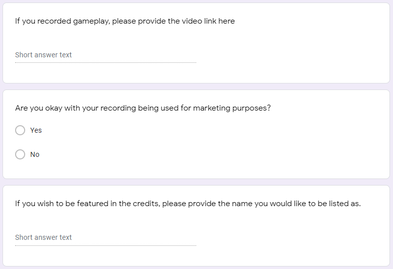 Google form question addressing video uploading, marketing, and credits