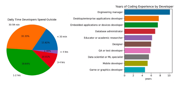 Pie chart and horizontal bar graph about developers