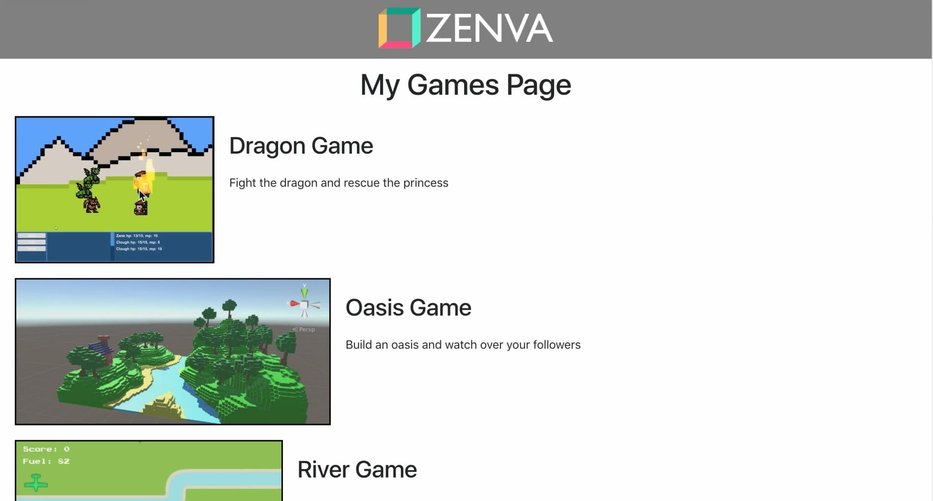 Static web page example for a games website