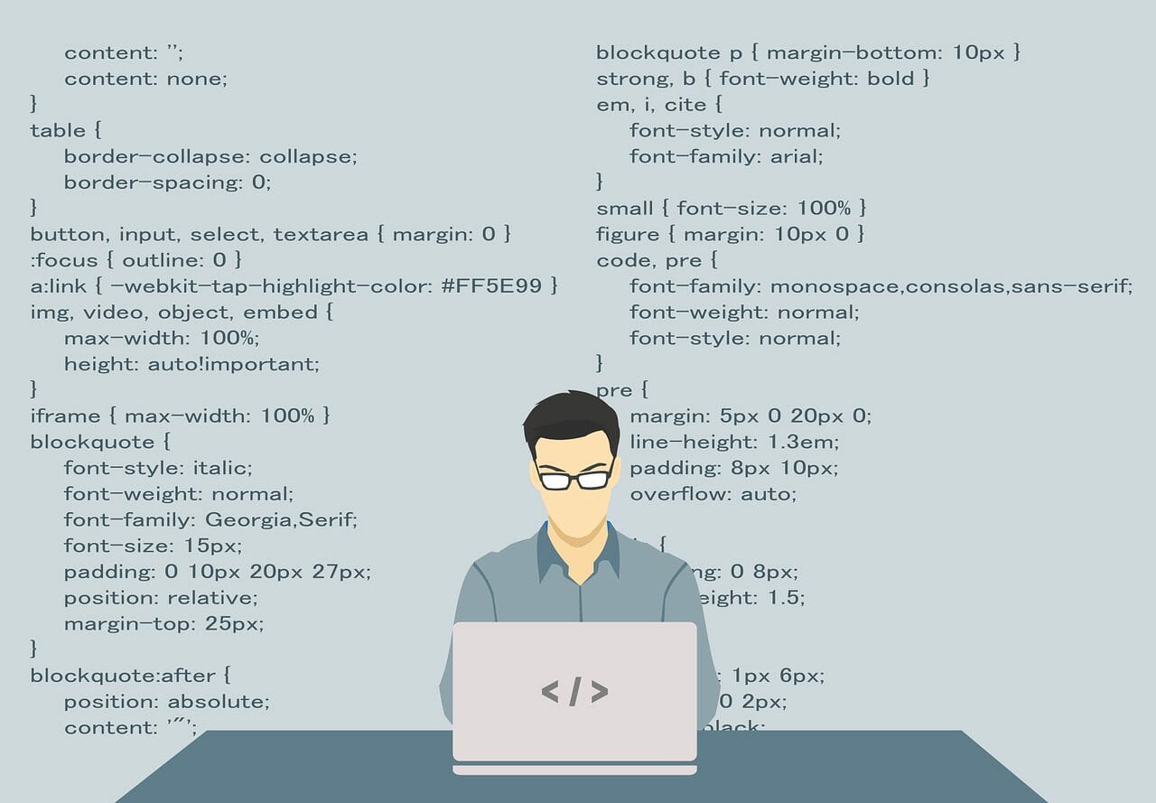 Vector made art showing programmer with language behind him