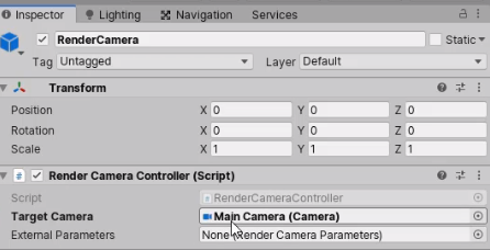 RenderCamera component in Unity Inspector with Main Camera as Target