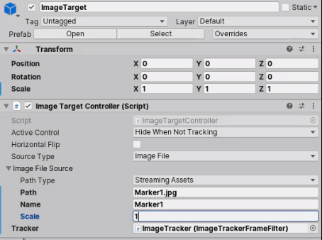 ImageTarget component in Inspector with Marker name