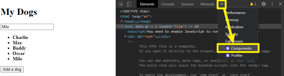 Components option in Visual Studio Code for React project