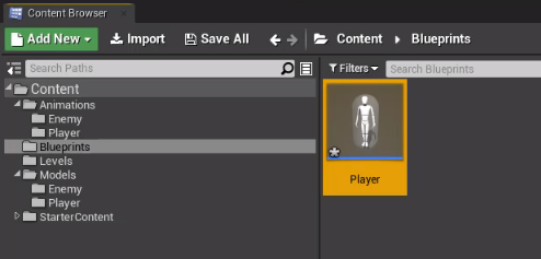 Player blueprint in Unreal Engine Content Browser