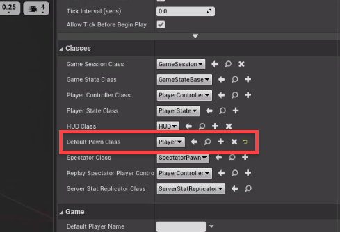 Player Blueprint set as Defualt Pawn Class in Unreal