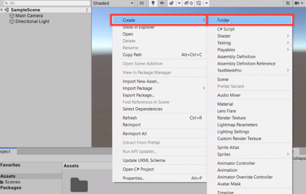Create Folder menu selection in Unity