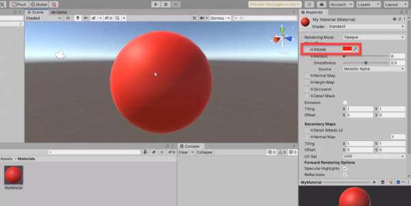 Unity material with Albedo set to red