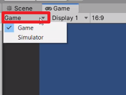 Unity Game dropdown with Game and Simulator options showing