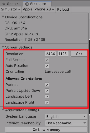 Screen Settings for Device Simulator in Unity