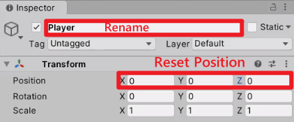 Unity Inspector with new, reset player object