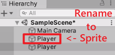 Player sprite circled in Unity Hierarchy