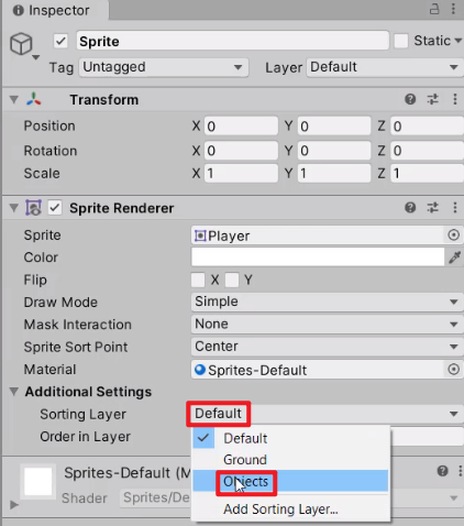 Player Sprite added to Objects layer in Unity Inspector