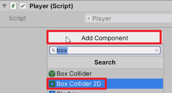 Unity Add Component window with Box Collider 2D selected