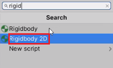 Unity Rigidbody 2D component circled in Search