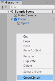 Create Empty game object option in Unity menu