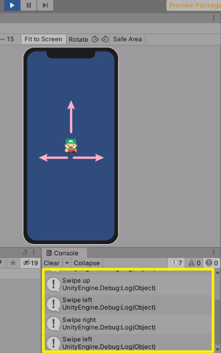 Console showing swipe detection in Unity