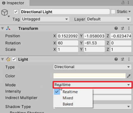 Unity Inspector with Light Mode options displayed