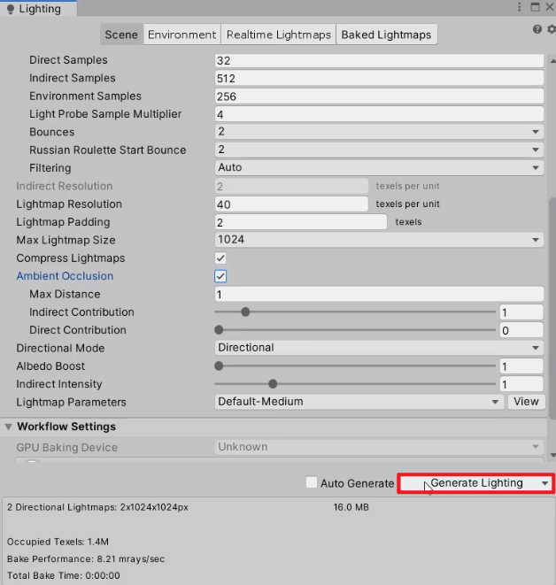 Unity Inspector Lighting Component with Generate Lighting selected