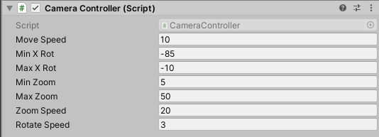 Camera controller script in the Unity Inspector